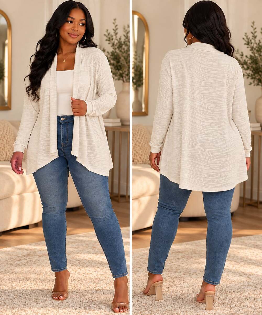 Coastal Grandmother Quiet Luxury Off White Textured Open Front Cardigan L